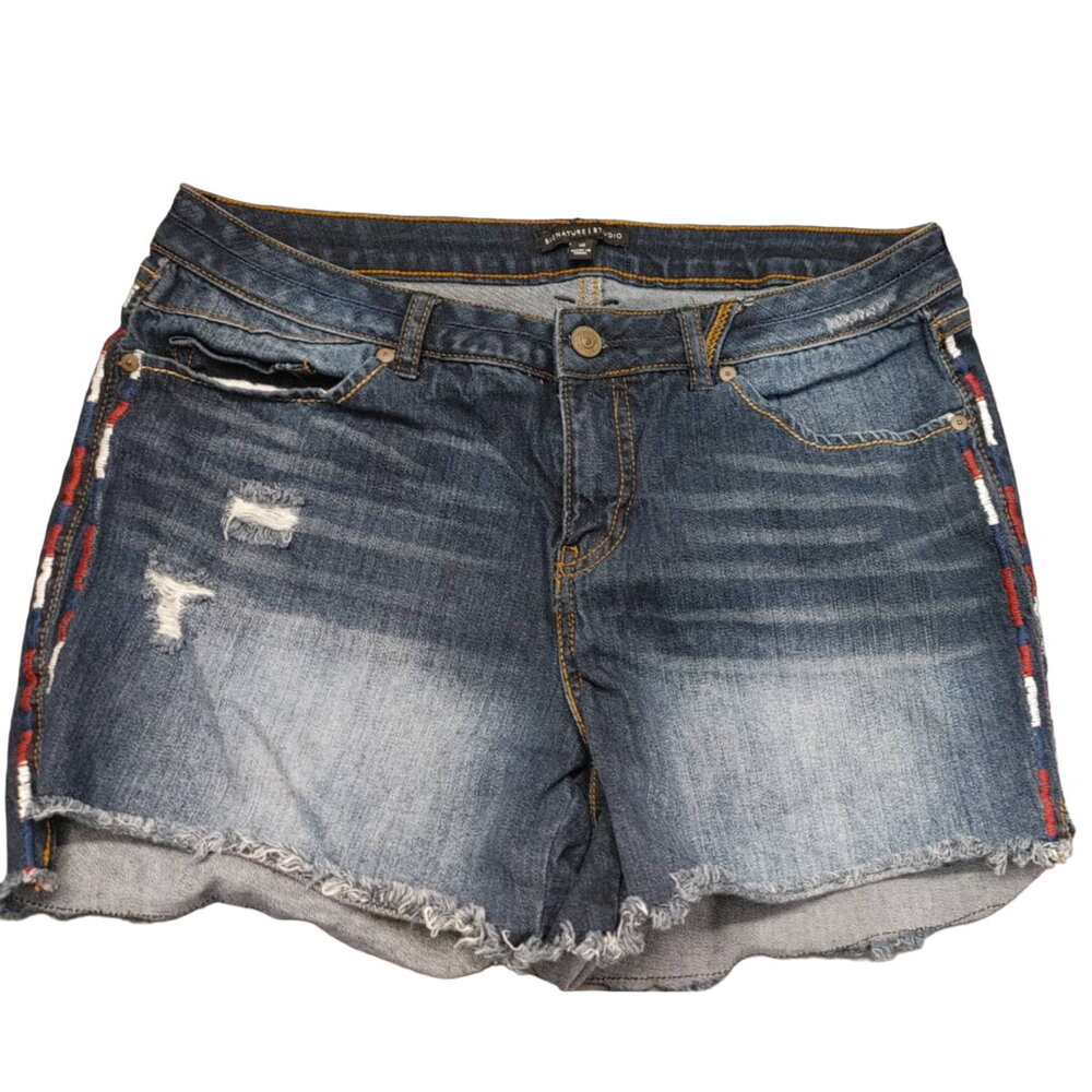 Signature Studio Denim Jean Shorts Distressed Red White Blue Threading Sz 10